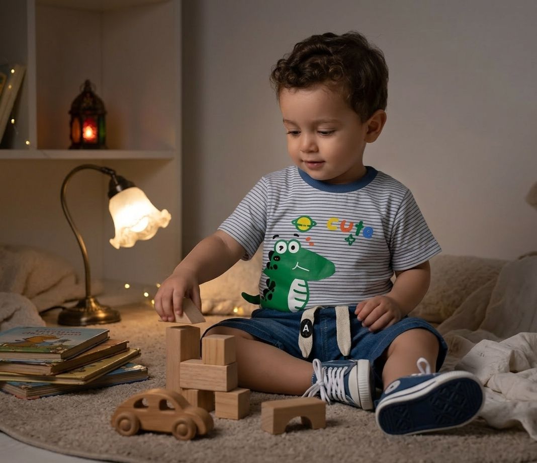Cute Dino Striped T-Shirt & Denim Shorts Set for Boys