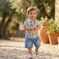 Boys Blue Graffiti Print Shirt with Light Denim Shorts – 2-Piece Outfit Set