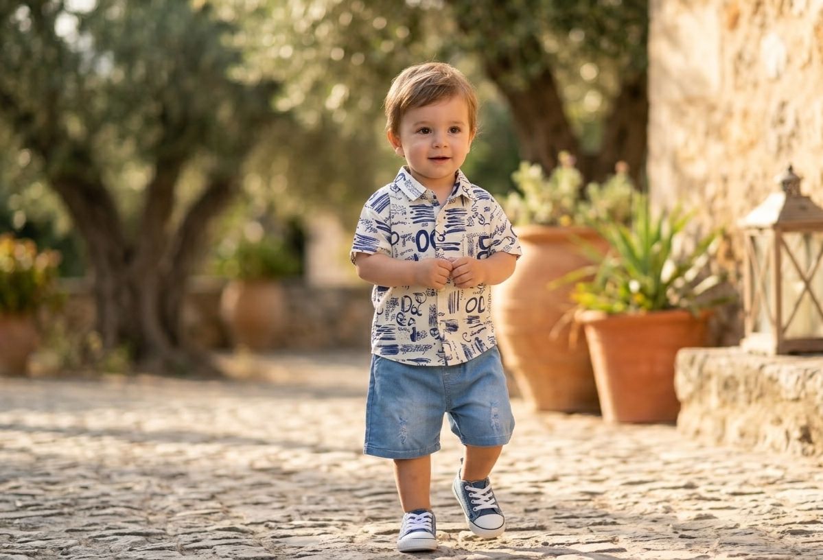 Boys Blue Graffiti Print Shirt with Light Denim Shorts – 2-Piece Outfit Set