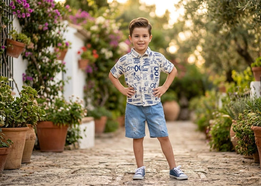 Boys Blue Graffiti Print Shirt with Light Denim Shorts – 2-Piece Outfit Set