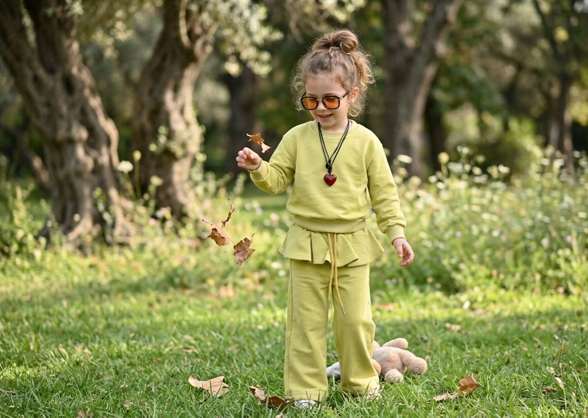 Kid's Yellow Ribbed Fabric Co-ord Set with Cute Heart Chain