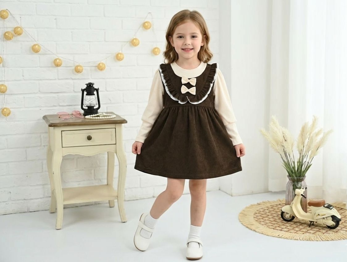 Kids Brown  Cotton Embroidered  2 Piece Full Sleeve Dress