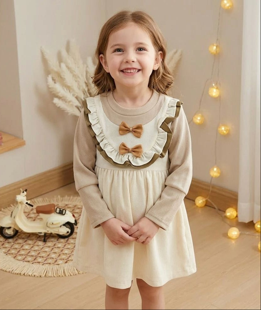 Kids Cream Cotton Embroidered 2-Piece Full Sleeve Dress