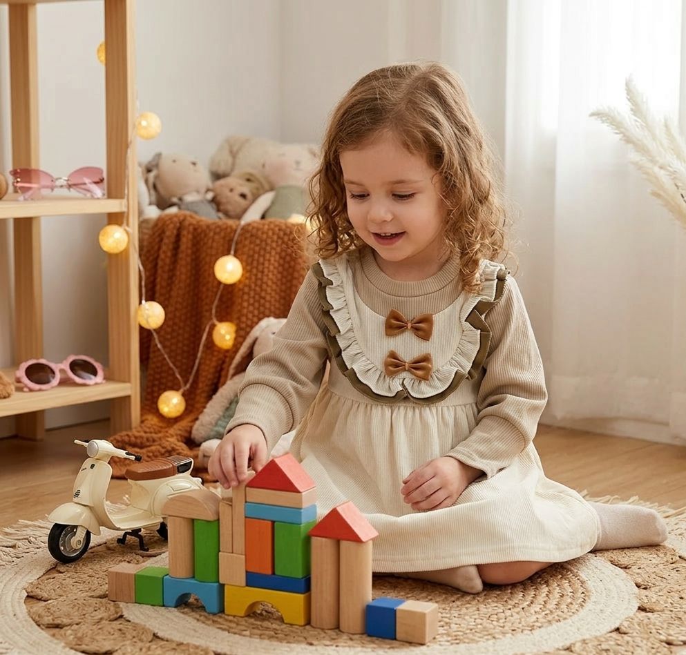 Kids Cream Cotton Embroidered 2-Piece Full Sleeve Dress