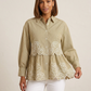 Women’s Elegant Beige Striped Embroidered Peplum Tunic Top