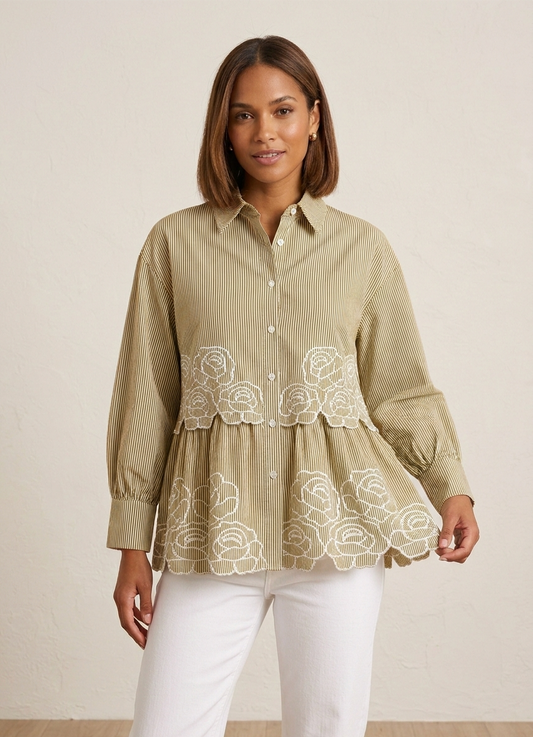 Women’s Elegant Beige Striped Embroidered Peplum Tunic Top