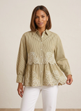 Women’s Elegant Beige Striped Embroidered Peplum Tunic Top