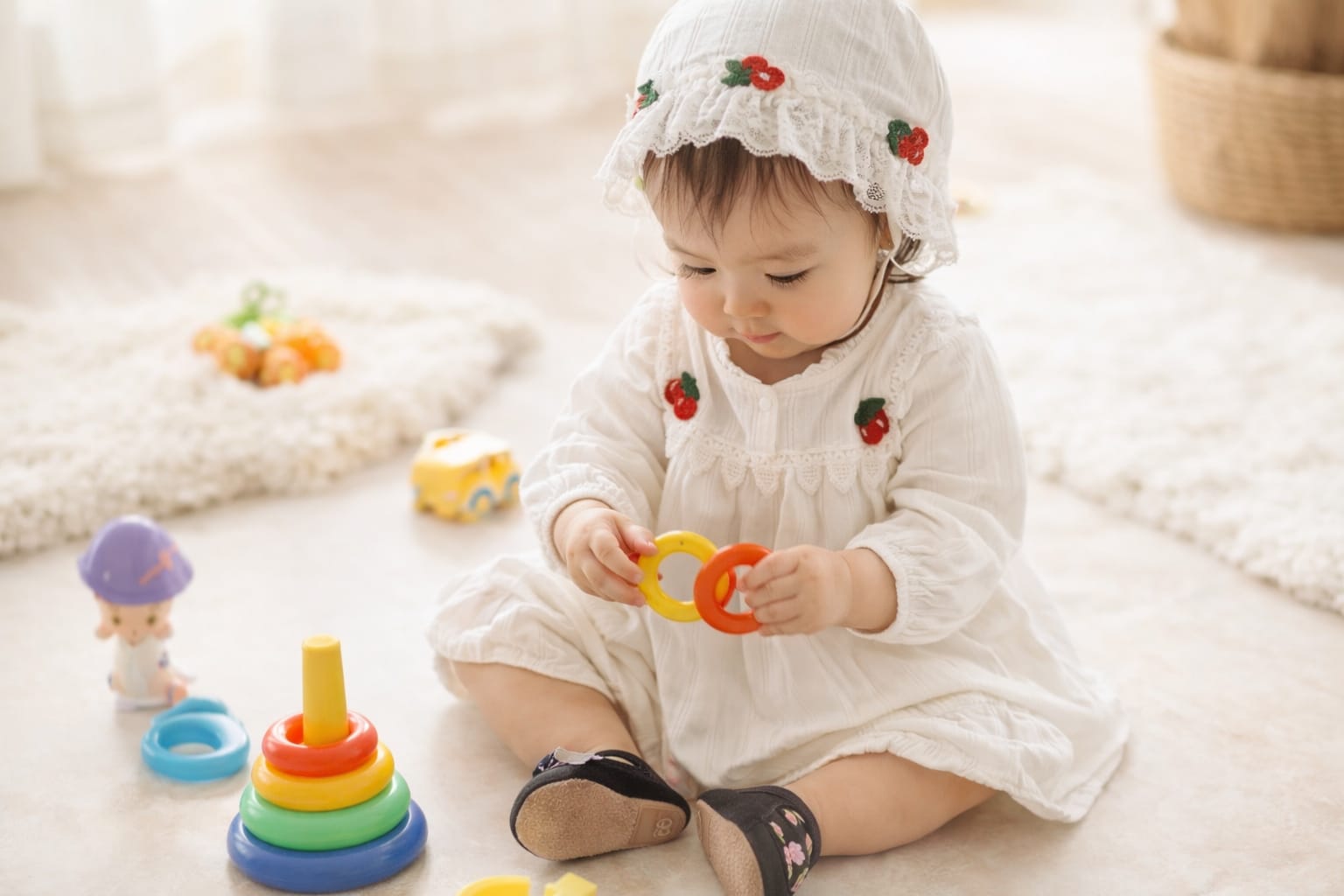 Baby Girl Cotton Cherry White  Romper with Cap