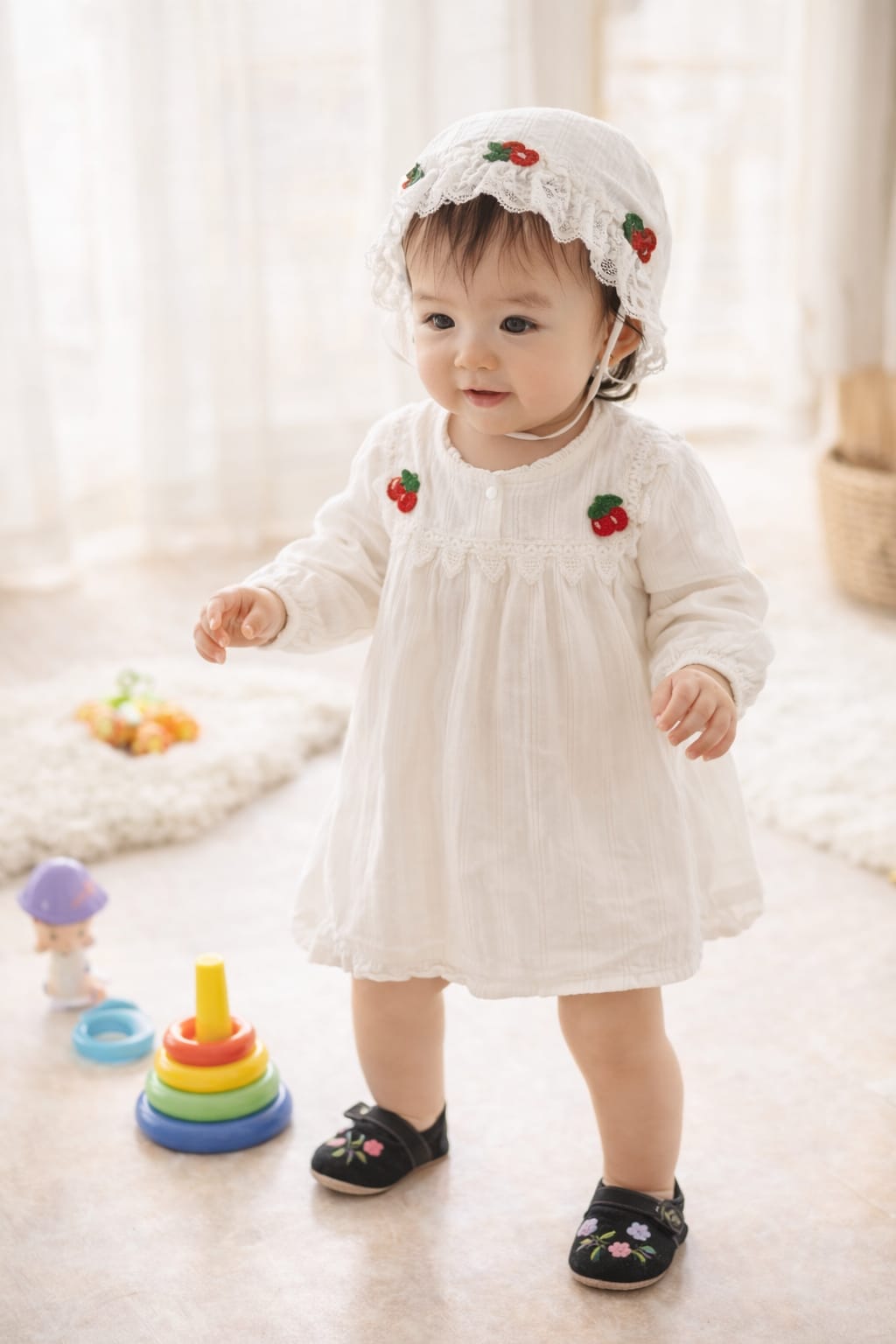 Baby Girl Cotton Cherry White  Romper with Cap