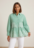 Women’s Elegant Green Striped Embroidered Peplum Tunic Top
