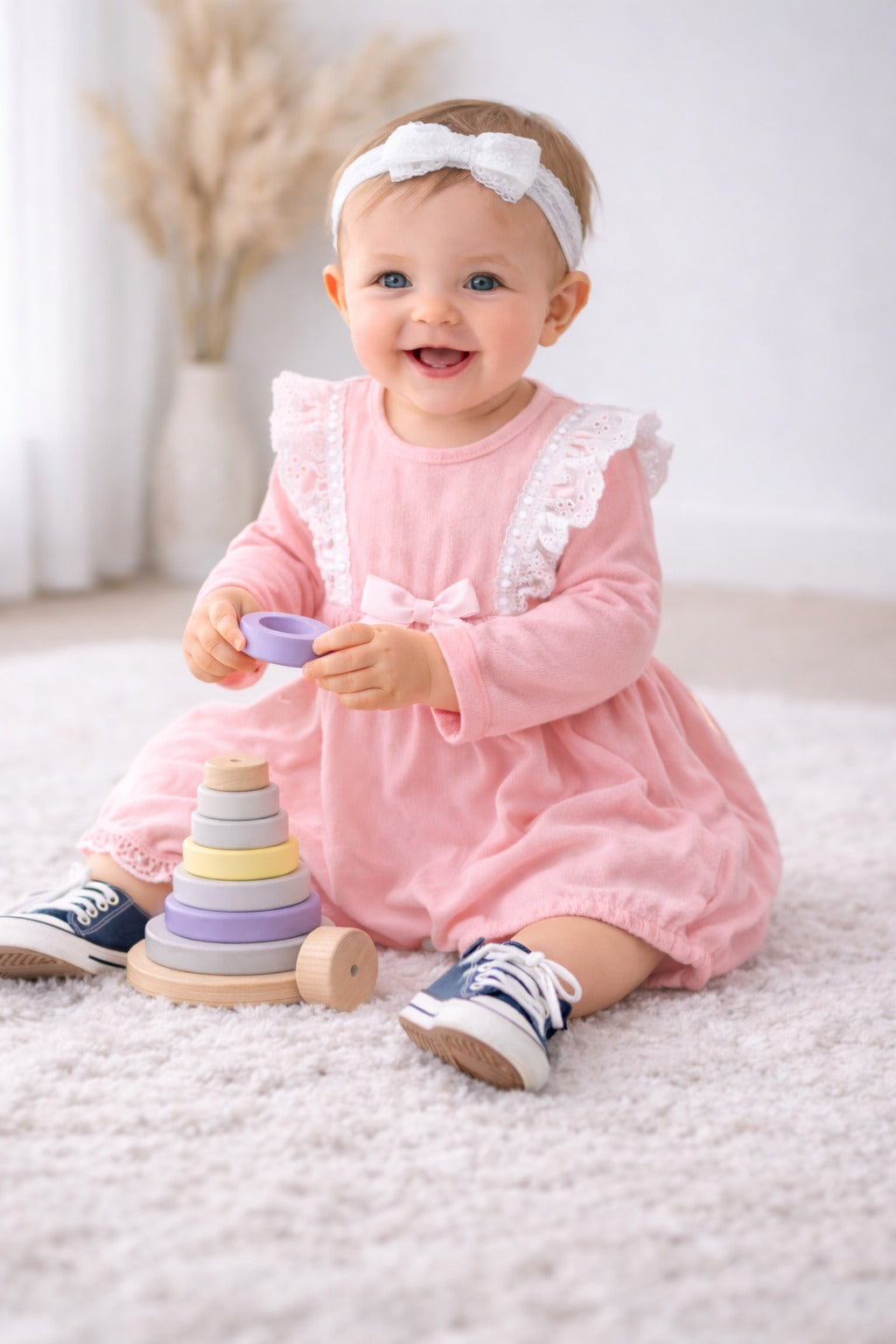 Baby Girl Lace Cotton Pink Romper with bow