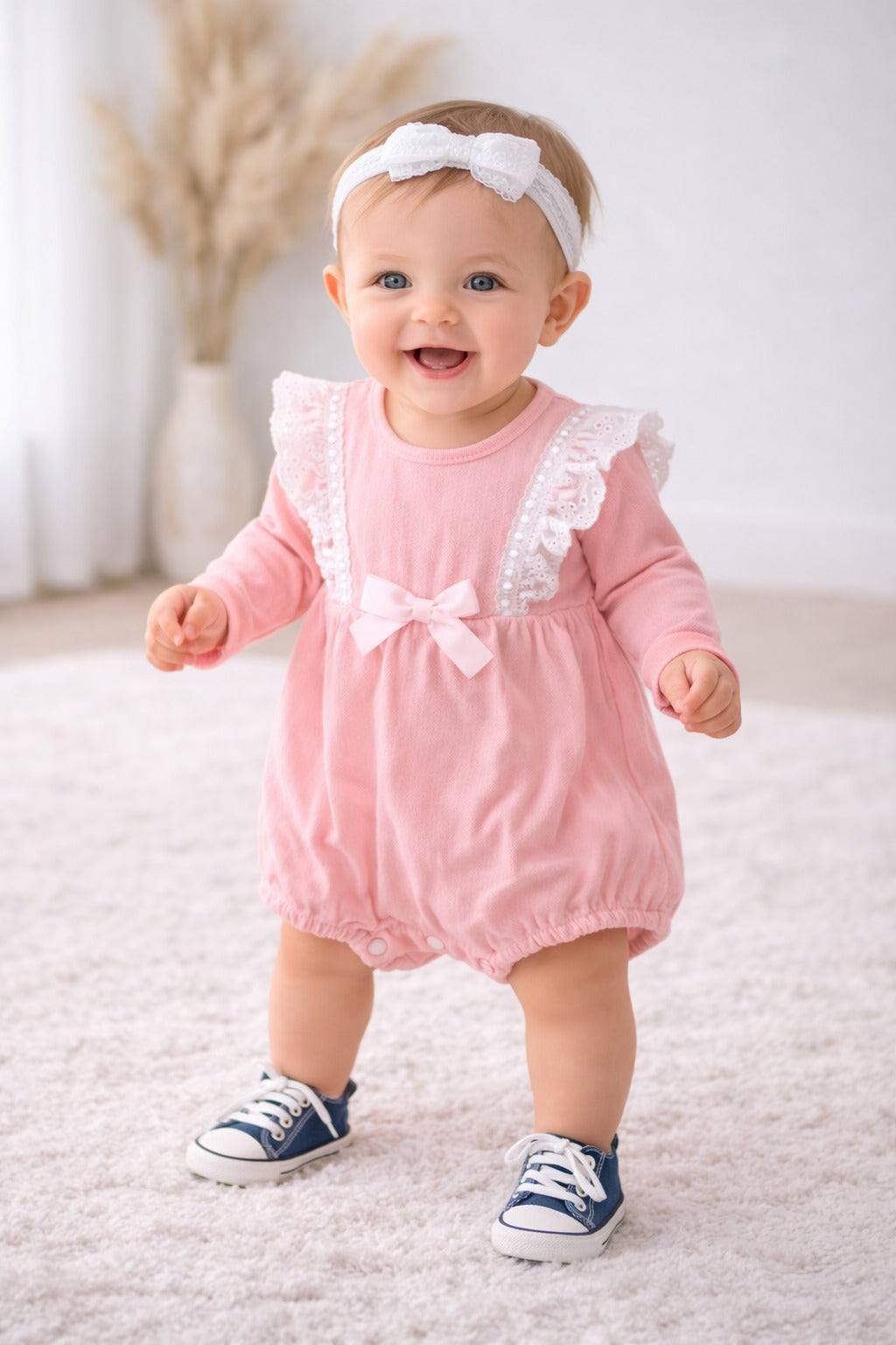 Baby Girl Lace Cotton Pink Romper with bow