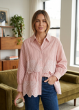 Women’s Elegant Peach Striped Embroidered Peplum Tunic Top