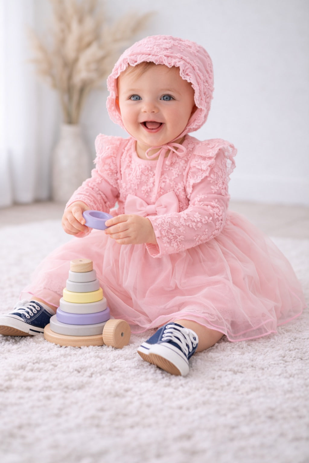 Baby Girl  Pink Elegant Lace Dress with Cap