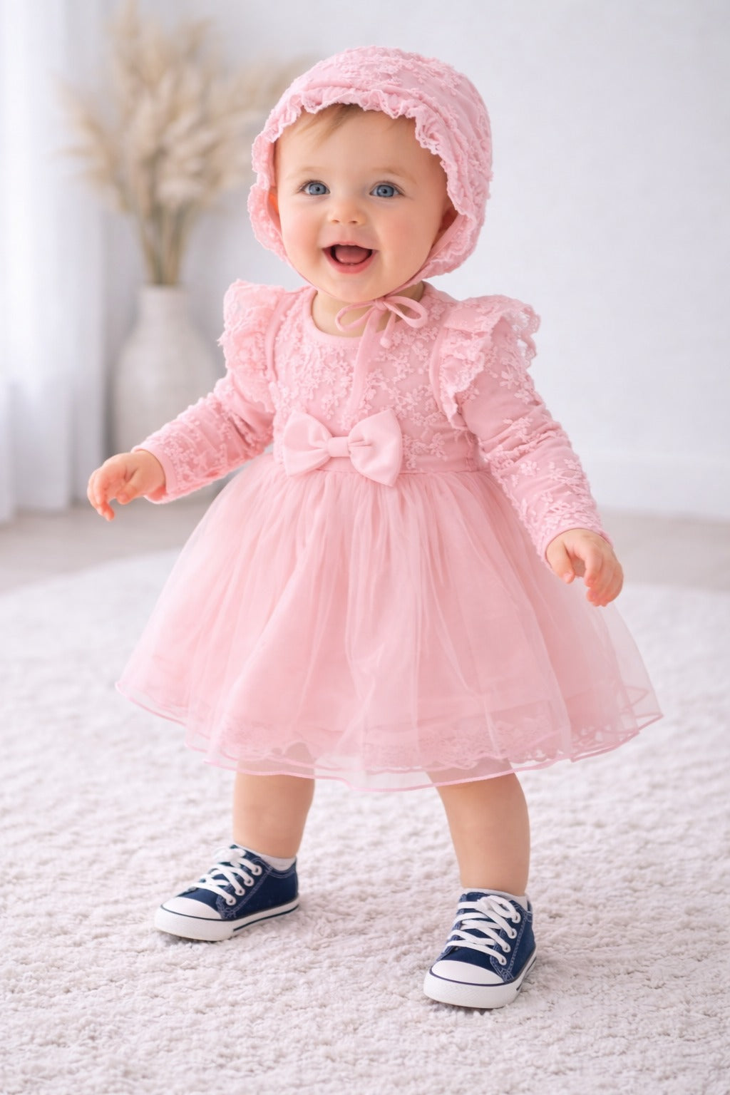 Baby Girl  Pink Elegant Lace Dress with Cap