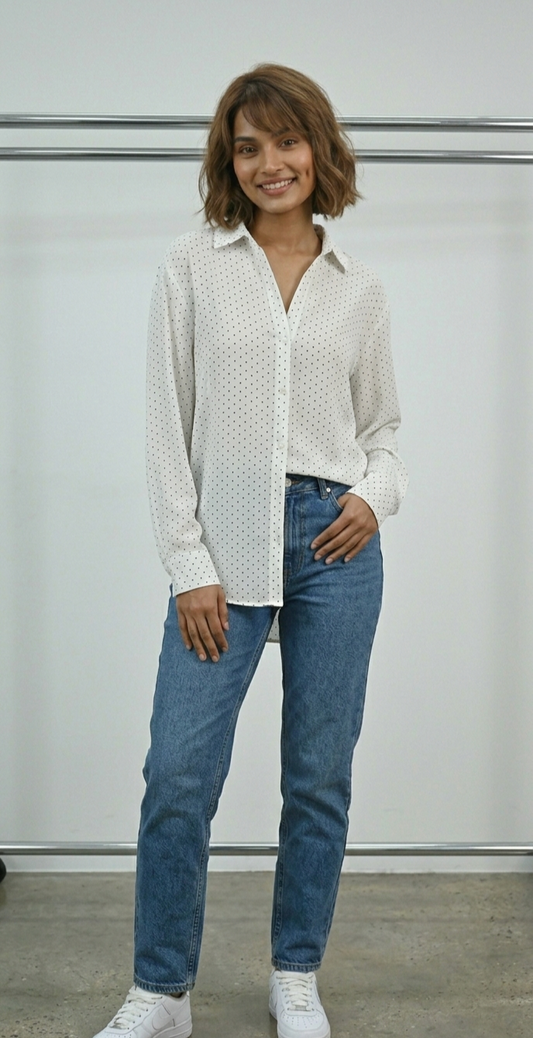 Women’s Classic White Polka Dot Button-Down Shirt